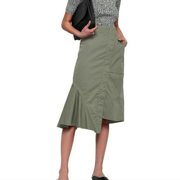 Theory Dresses & Skirts - Theory Reconstructed Midi Skirt Ruffle Trim High Waisted Cotton Career Green 2